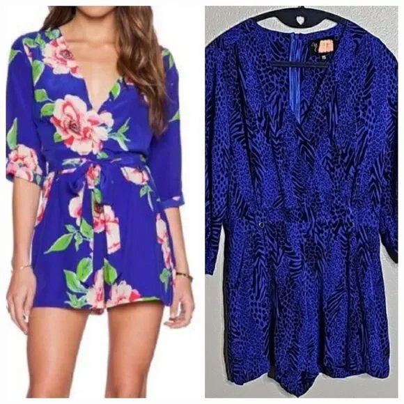 Yumi Kim XS SILK Liz Romper Blue black animal print - Picture 1 of 12